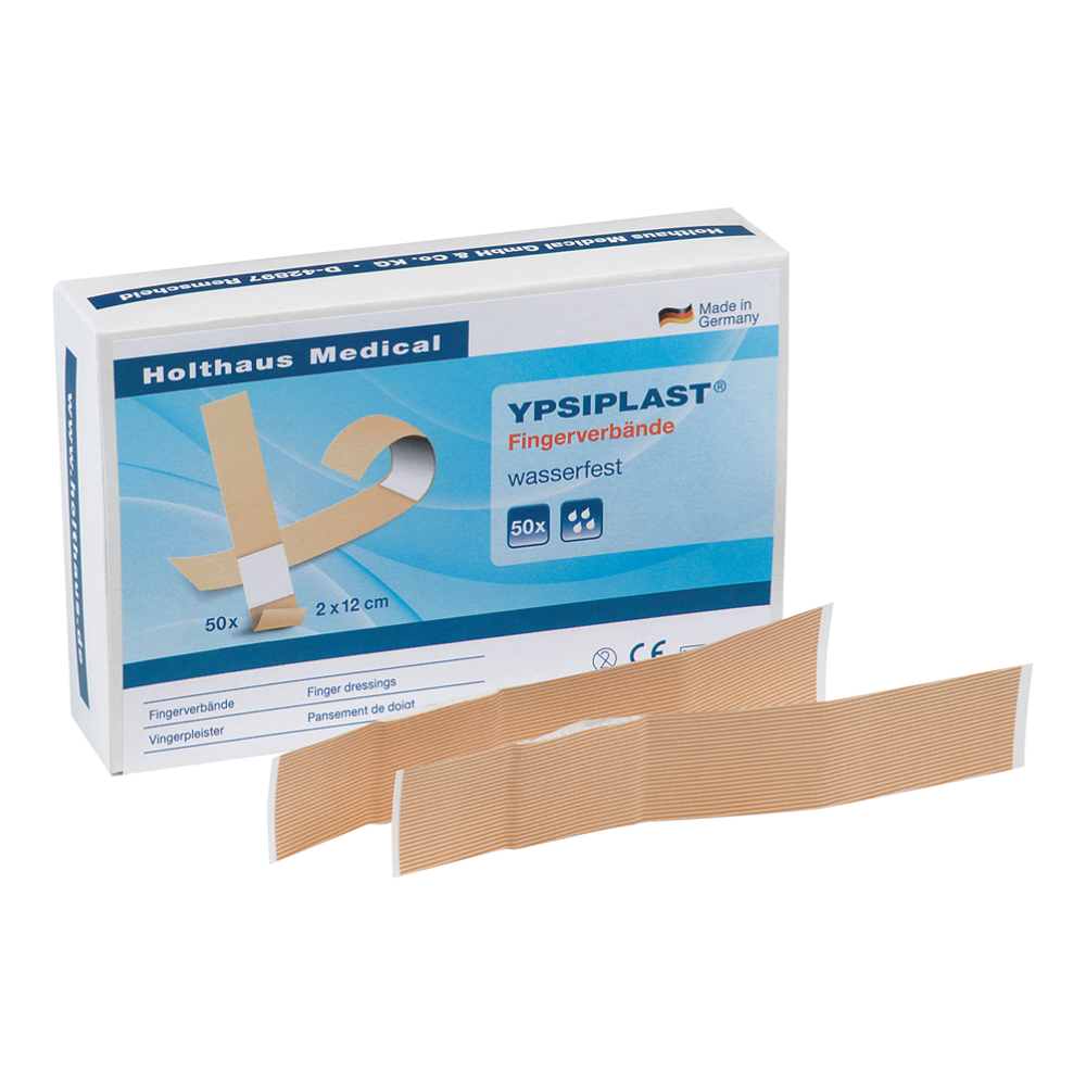 Pictured is a box of Holthaus Ypsiplast® finger bandage, water-repellent from Holthaus Medical GmbH & Co. KG. The box contains 50 plasters (2 x 12 cm) with blue-white lettering. Two plasters are placed in front of the box. The text contains product information and states that the plaster was made in Germany and is ideal for finger wounds.