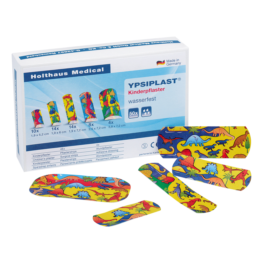 A pack of Holthaus Ypsiplast® children's plasters from Holthaus Medical GmbH & Co. KG with 50 pieces. The packaging and plasters are designed with colorful dinosaur motifs, with five individual plasters in different sizes depicted on the front of the package.