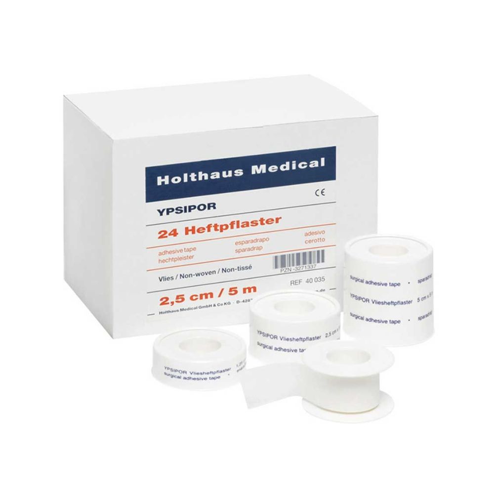 The image shows a box labeled „Holthaus Medical YPSIDERM“, containing hypoallergenic, water-repellent adhesive tapes that are ideal for sensitive skin. The package contains three rolls measuring 2.5 cm x 5 m.
