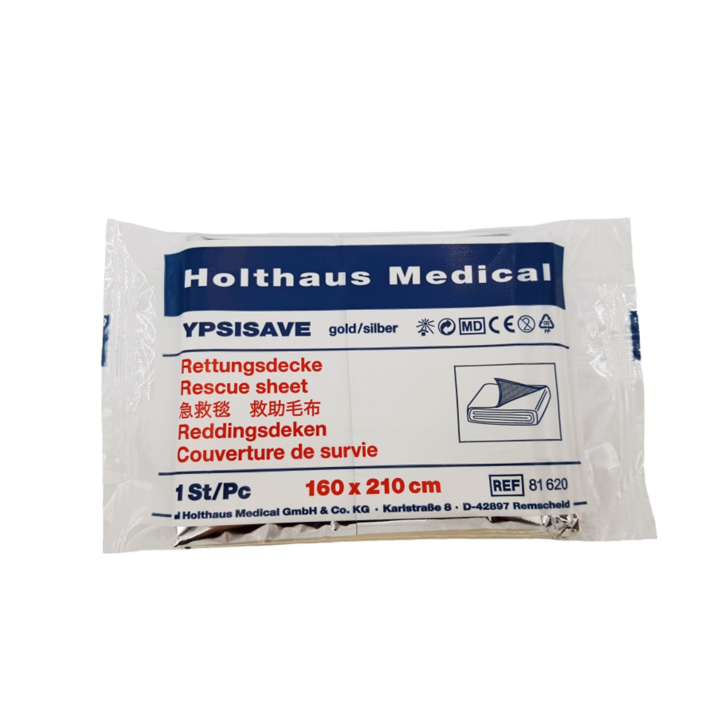 The packaging of the Holthaus Medical YPSISAVE rescue blanket gold/silver (160 x 210 cm) offers cold protection, is labeled in multiple languages, and prominently displays the brand name Holthaus Medical GmbH & Co. KG as well as the reference number 61620.
