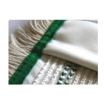 Close-up of the Arcora Hospital Quattro Mop by Arcora International GmbH - white fabric with green stripes, intricate stitching, and a frayed edge, designed for professional cleaning in healthcare.
