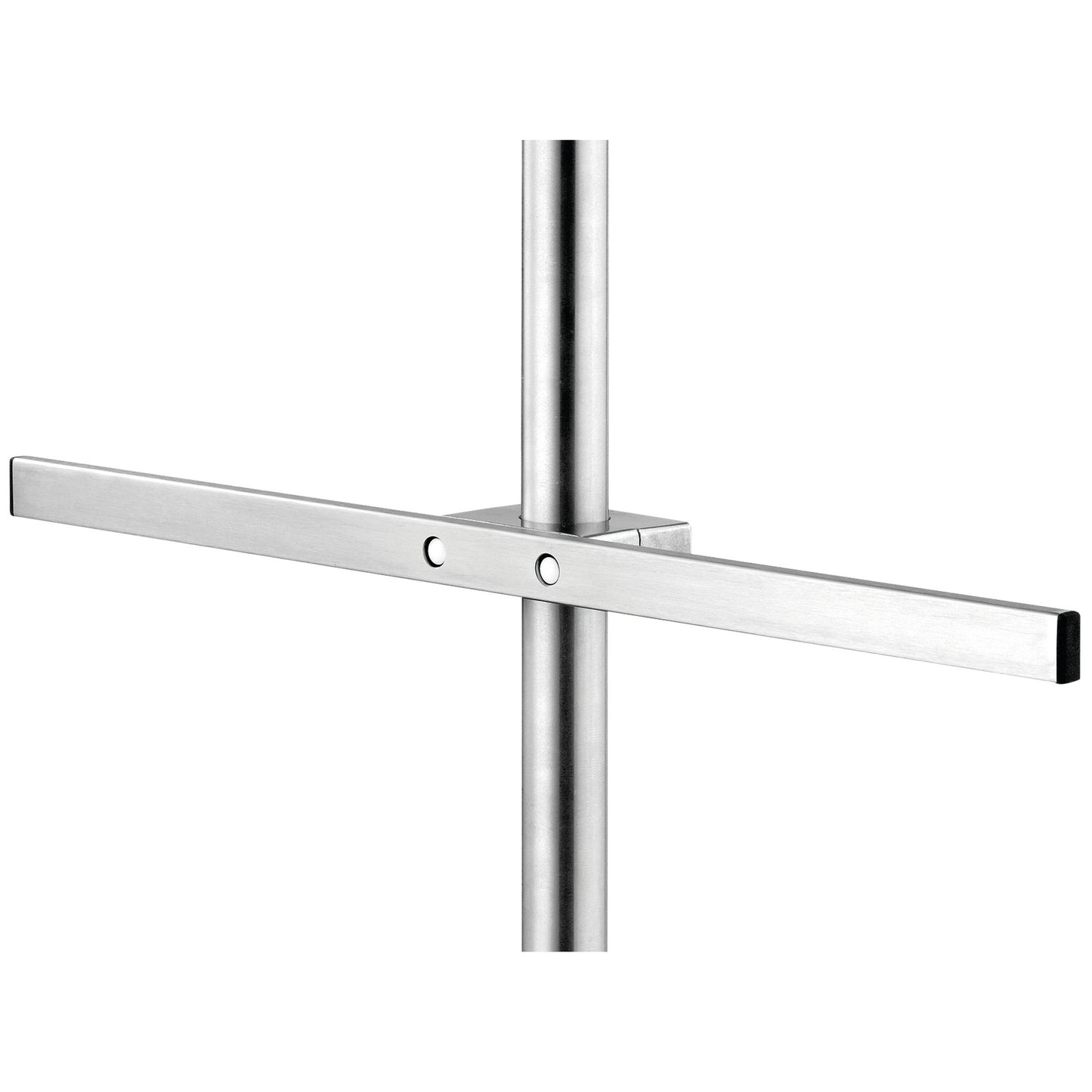 Die Novocal Euroschiene für Infusionsständer ist eine 558 mm lange, höhenverstellbare Edelstahlschiene (Edelstahl 1-fach) mit rechteckigem Querstück, zwei runden Verschlüssen und schwarzen Endkappen - ideal für medizinische Einrichtungen. Einfacher weißer Hintergrund.