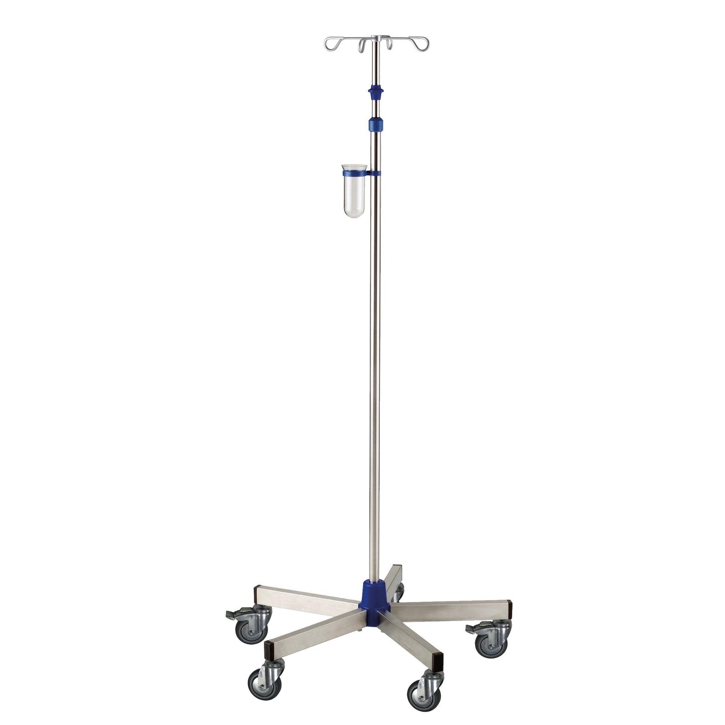 The Novocal Intensive Infusion Stand made of stainless steel (tube diameter 25/18 mm), with five castors, four hooks, and a transparent container, is ideal for use in medical facilities.