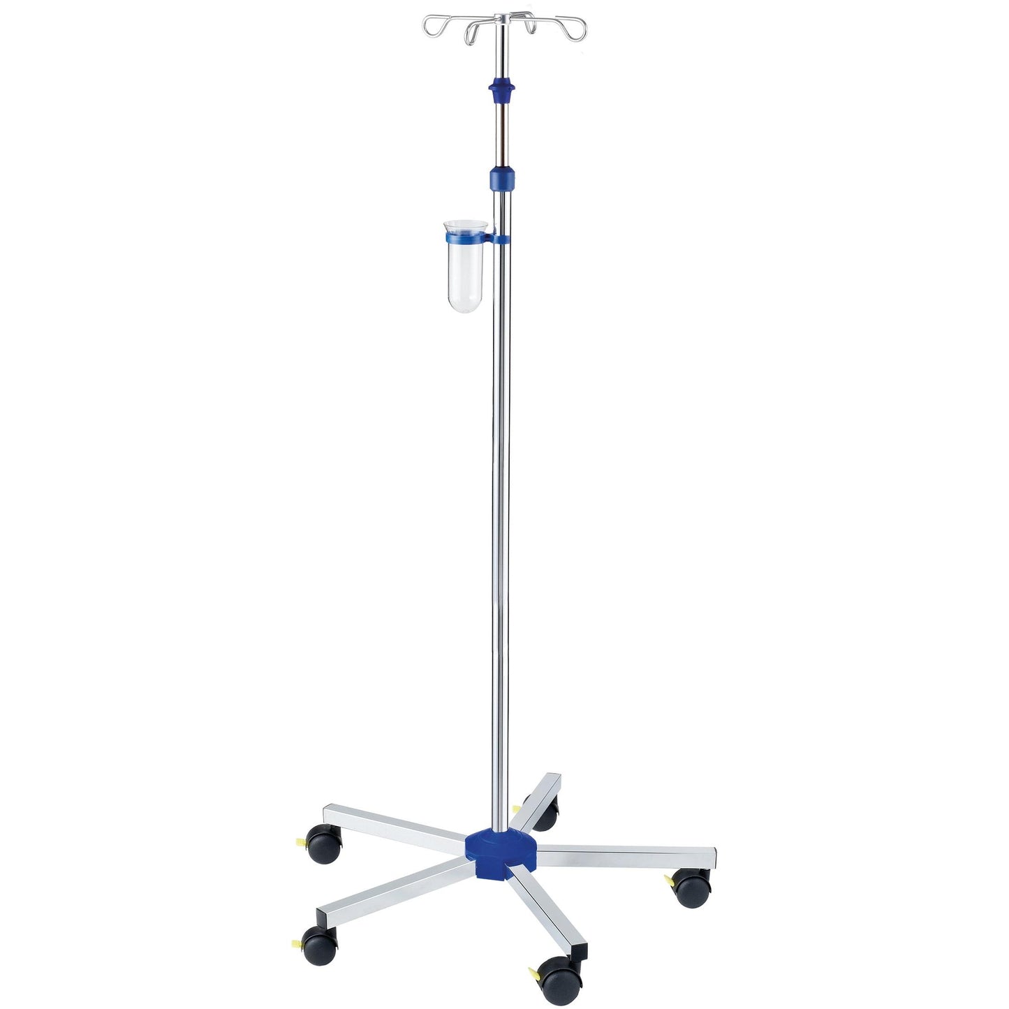 The Novocal Infusion Stand OP made of completely stainless steel features four hooks, a transparent container, and a blue base on six smooth-running wheels for maximum mobility. Tube diameter: 25/18 mm.