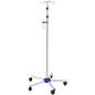The Novocal Infusion Stand OP made of completely stainless steel features four hooks, a transparent container, and a blue base on six smooth-running wheels for maximum mobility. Tube diameter: 25/18 mm.