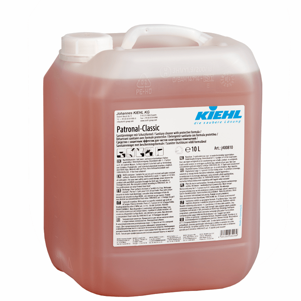 Kiehl Patronal-Classic sanitary cleaner with protective formula from Johannes Kiehl KG in a 10-liter container made of translucent plastic with a white lid and handle, featuring a label that highlights the biodegradable formula and multilingual safety instructions.