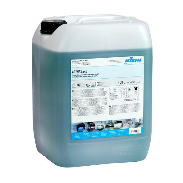 A 20-liter container made of semi-transparent plastic with a black lid contains the blue-green Kiehl ARENAS-eco Liquid Detergent from Johannes Kiehl KG. The label includes product details, application instructions, and the Kiehl logo.