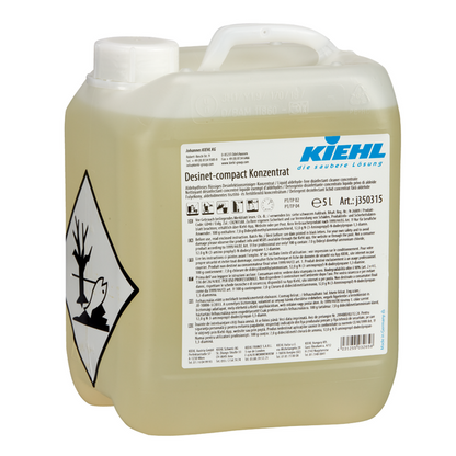 A 5-liter plastic container of Kiehl Desinet-compact Concentrate (aldehyde-free) from Johannes Kiehl KG with instructions, warnings, and a hazard symbol for environmental dangers on the label.