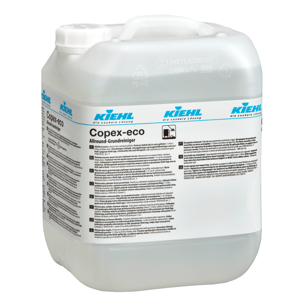 In a transparent plastic container with a white lid is the Kiehl Copex-eco Allround Basic Cleaner from Johannes Kiehl KG, an environmentally friendly cleaner for effective surface cleaning. The label contains product information, instructions for use, and branding in black and blue.