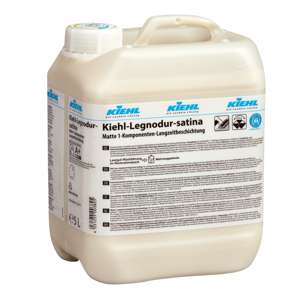A 5-liter bottle of Kiehl-Legnodur-satina Matte 1-component permanent coating by Johannes Kiehl KG (2 per carton), delivered in a light, handy container with detailed multilingual labeling.