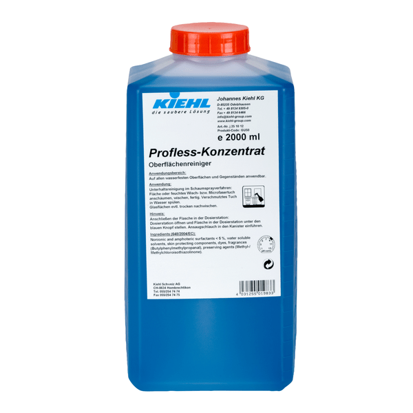 A blue 2000 ml plastic container with a red cap and the label "Kiehl Profless Concentrate Surface Cleaner" by Johannes Kiehl KG with product and application instructions in German for environmentally friendly cleaning.