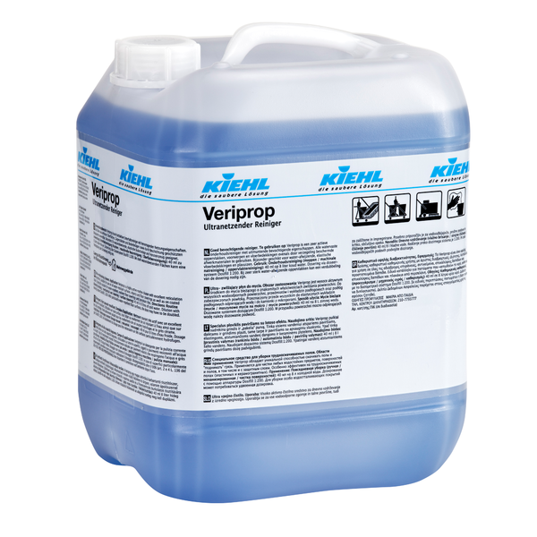 A large transparent plastic container with blue liquid and the label "Kiehl Veriprop Ultra-Wetting Cleaner" from Johannes Kiehl KG indicates professional, ultra-wetting cleaning power with application instructions and pictograms.