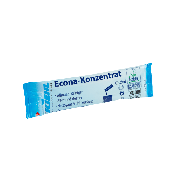 A blue-white 25-ml package of "Kiehl Econa Concentrate All-Purpose Cleaner" from Johannes Kiehl KG with multilingual text, cleaning symbols, and EU eco-label.