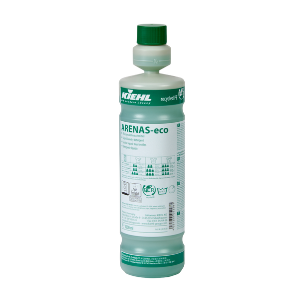 The 1-liter bottle of Kiehl ARENAS-eco Liquid Detergent from Johannes Kiehl KG has a green cap, a white-green label, and an eco-friendly label with multilingual instructions, pictograms, and product information.