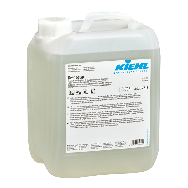 A transparent plastic container with a handle and white cap, labeled "Kiehl Desgoquat" by Johannes Kiehl KG. The multilingual label provides information about the aldehyde-free liquid disinfectant cleaner concentrate for surface disinfection and application instructions.