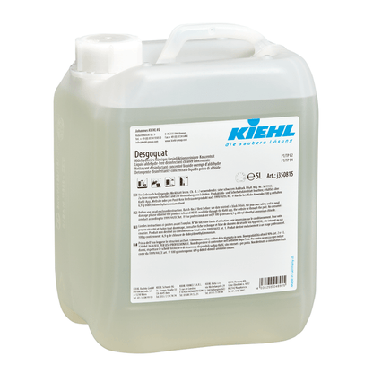 A transparent plastic container with a handle and white cap, labeled "Kiehl Desgoquat" by Johannes Kiehl KG. The multilingual label provides information about the aldehyde-free liquid disinfectant cleaner concentrate for surface disinfection and application instructions.
