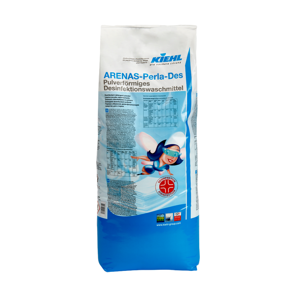 A white-blue 15 kg bag with the inscription "Kiehl ARENAS-Perla-Des powdered disinfectant detergent" from Johannes Kiehl KG, with text and comic figure - ideal for hygienic cleaning with this effective powder detergent.