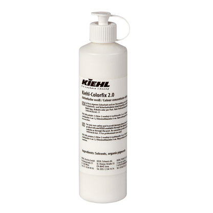 A white plastic pump bottle labeled "Kiehl-Colorfix 2.0 color concentrate" by Johannes Kiehl KG for textiles. The multilingual label provides information on instructions for use, ingredients, and safety instructions for long-lasting color results.