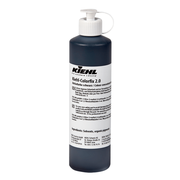 The Johannes Kiehl KG Kiehl-Colorfix 2.0 color concentrate in a plastic bottle with a pump and a white label with black and gray lettering contains dark liquid for long-lasting color results.