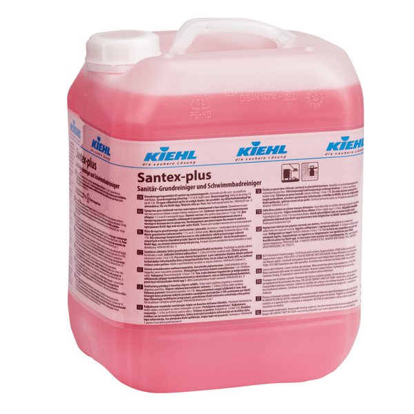 A transparent plastic canister with pink liquid labeled "Kiehl Santex-plus Sanitary Basic Cleaner and Swimming Pool Cleaner" by Johannes Kiehl KG, with multilingual instructions for removing lime deposits.