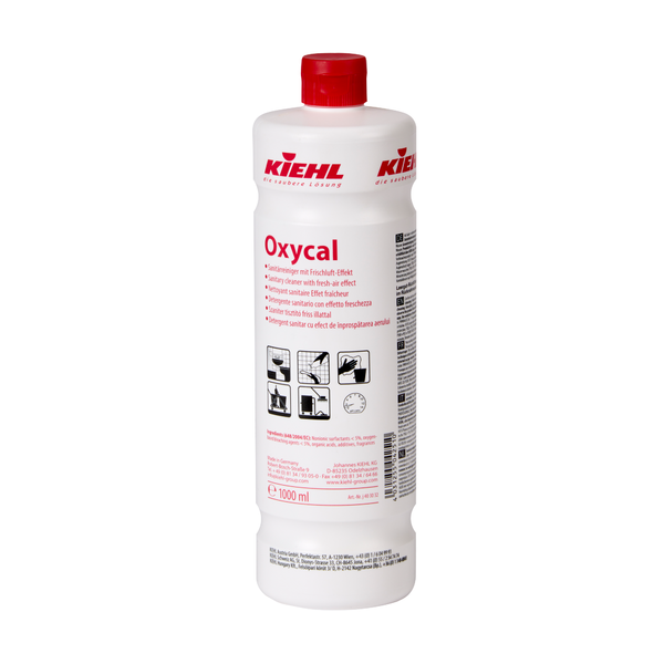 The white 1-liter bottle of Johannes Kiehl KG Oxycal sanitary cleaner with fresh air effect has a red cap, a German label with application symbols for hygienically clean surfaces, clear instructions, and the Kiehl logo on the top.