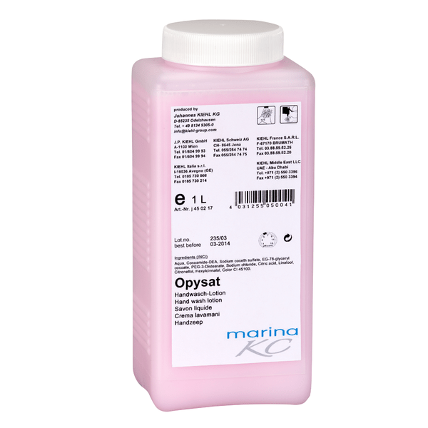 Standing upright is a rectangular pink plastic bottle labeled "Kiehl Opysat hand wash lotion" from Johannes Kiehl KG. The 1-liter pH-neutral hand soap is ideal for gentle hand cleaning, with application instructions and details on the label.