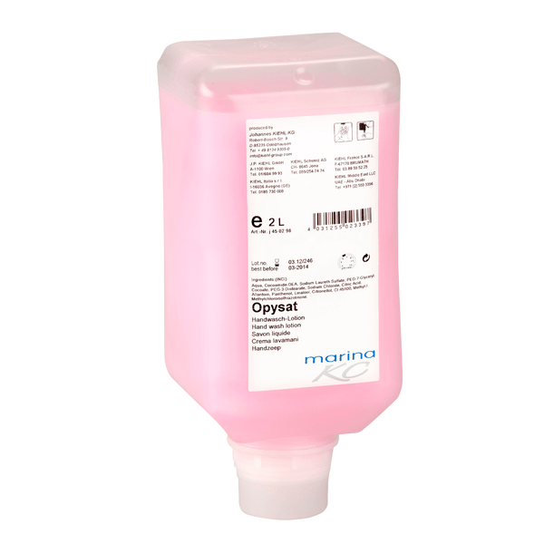 A rectangular 2-liter dispenser bottle of Kiehl Opysat hand wash lotion from Johannes Kiehl KG, filled with pink, pH-neutral hand wash, labeled with product details and multilingual hand care instructions.