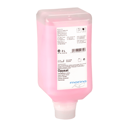 A rectangular 2-liter dispenser bottle of Kiehl Opysat hand wash lotion from Johannes Kiehl KG, filled with pink, pH-neutral hand wash, labeled with product details and multilingual hand care instructions.