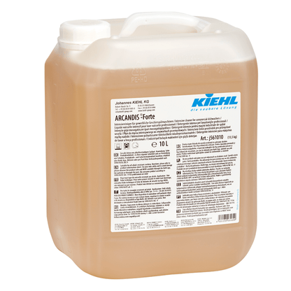 A 10-liter container made of transparent plastic with a white screw cap, filled with amber-colored liquid. The label reads in several languages "Kiehl ARCANDIS-Forte Intensive Cleaner for Commercial Dishwashers" by Johannes Kiehl KG.