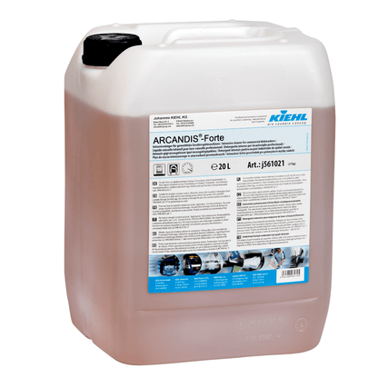 A 20-liter plastic container of Kiehl ARCANDIS-Forte Intensive Cleaner for Commercial Dishwashers by Johannes Kiehl KG with a white handle and a detailed front label with instructions and images.