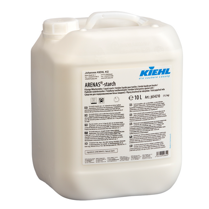 A 10-liter container made of white plastic with the label "Kiehl ARENAS-Stärke Liquid Laundry Starch" from Johannes Kiehl KG contains liquid laundry starch for perfectly ironed laundry.