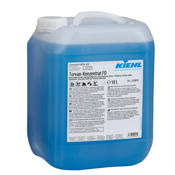 10-liter container made of blue, translucent plastic with a white lid, filled with Kiehl Torvan Concentrate FD active cleaner for the food sector by Johannes Kiehl KG. The label contains product information, usage instructions, and safety notices in multiple languages.