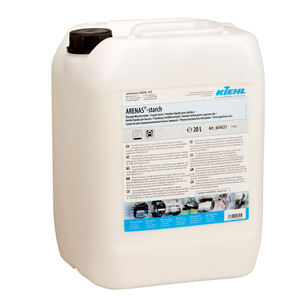 A 20-liter container made of white plastic with a black screw cap and the label "Kiehl ARENAS-Stärke Liquid Laundry Starch" from Johannes Kiehl KG. The label contains product information, application instructions, and pictograms. Gentle on textiles.
