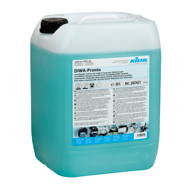A 20-liter translucent container from Johannes Kiehl KG contains blue Kiehl DIWA-Pronto Acid Rinse Aid for commercial dishwashers; the multilingual label features the Kiehl logo at the top right.