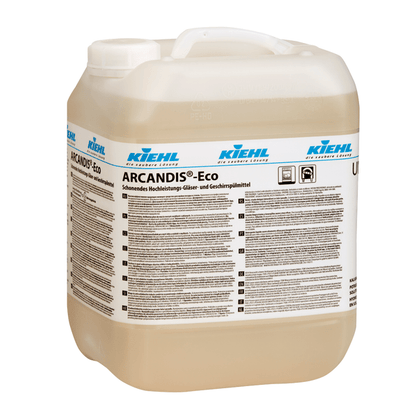 A large, transparent plastic container with a handle and a white lid bears the inscription "Kiehl ARCANDIS-Eco Gentle High-Performance Glass and Dishwashing Detergent" by Johannes Kiehl KG with German product information for efficient cleaning.
