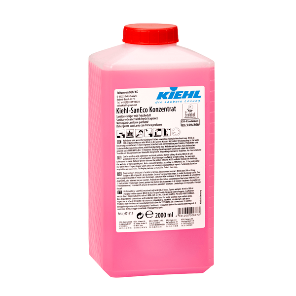 Kiehl SanEco Concentrate Sanitary Cleaner with fresh scent from Johannes Kiehl KG in a rectangular 2-liter plastic container with a red lid, pink liquid, and German front label with product information and instructions.