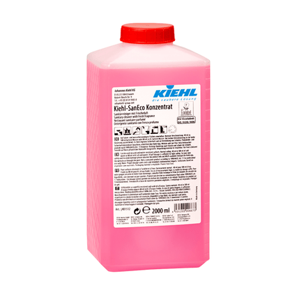 Kiehl SanEco Concentrate Sanitary Cleaner with fresh scent from Johannes Kiehl KG in a rectangular 2-liter plastic container with a red lid, pink liquid, and German front label with product information and instructions.