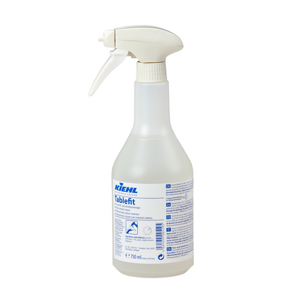 The white 750 ml spray bottle of Kiehl Tablefit plastic and desk cleaner from Johannes Kiehl KG is equipped with blue lettering, a spray head, and instructions on the label.
