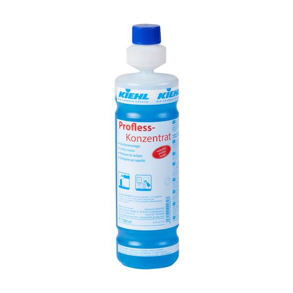 A plastic bottle of Kiehl Profless Concentrate Surface Cleaner by Johannes Kiehl KG, with a blue cap and blue liquid. The German label provides instructions and product information for environmentally friendly cleaning.