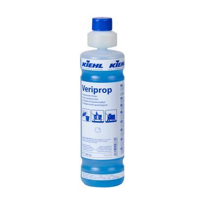 A 1-liter plastic bottle of Kiehl Veriprop Ultra-Wetting Cleaner from Johannes Kiehl KG with a blue cap and label with product information, instructions, and symbols for various cleaning applications.