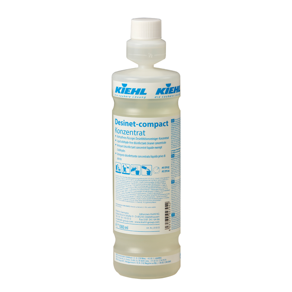 Kiehl Desinet-compact Concentrate Aldehyde-free liquid disinfectant cleaner concentrate from Johannes Kiehl KG in a 1-liter plastic bottle with a white cap and a blue, multilingual label with product details and instructions.
