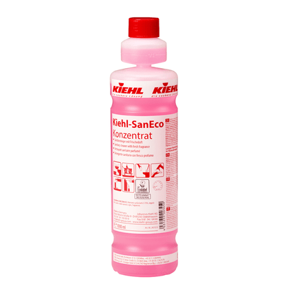A pink 1-liter plastic bottle of Kiehl SanEco Concentrate Sanitary Cleaner with fresh scent from Johannes Kiehl KG with a red cap, red and white label with pictograms and application instructions on the front.