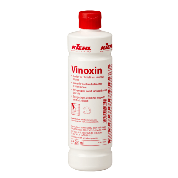 White 500 ml bottle Johannes Kiehl KG Vinoxin cleaner for stainless steel and acid-resistant surfaces, with red cap and label with application instructions and product information. Available in boxes of 12 bottles.