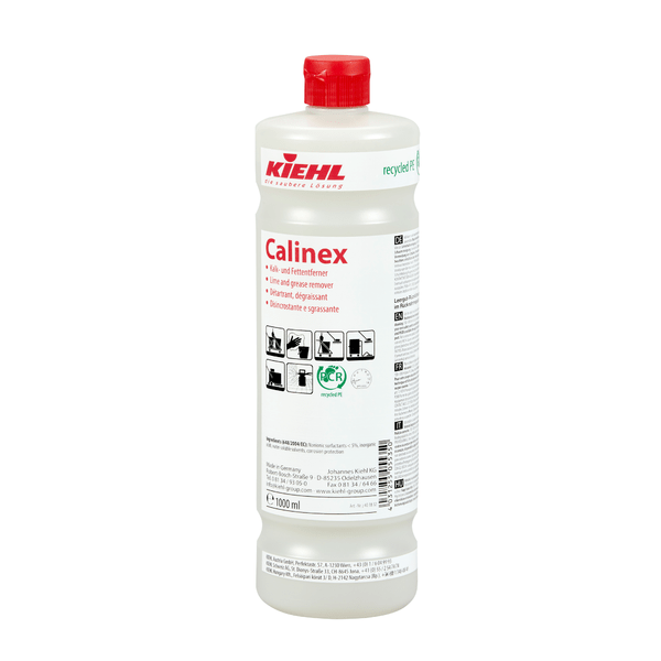 A white plastic bottle from Johannes Kiehl KG Kiehl Calinex Lime and Grease Remover with a red cap, product label, application symbols, and multilingual text on the front.