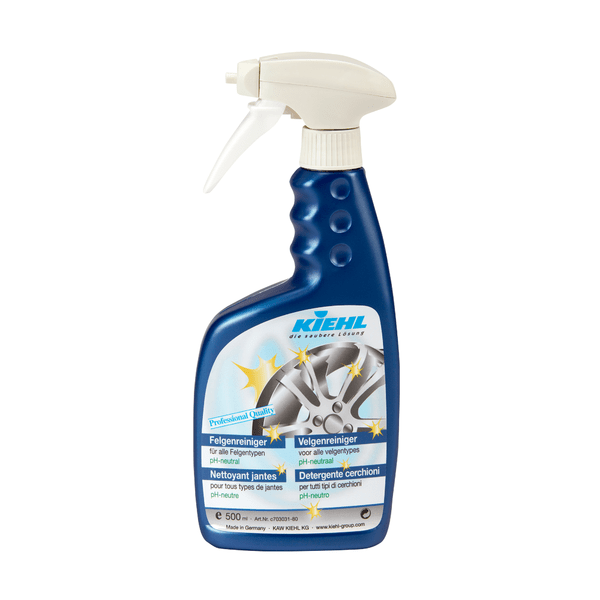Blue 500ml spray bottle Kiehl wheel cleaner pH-neutral from Johannes Kiehl KG with white trigger and car wheel graphic on the label for effective and gentle wheel cleaning. Available as a carton (6 bottles).
