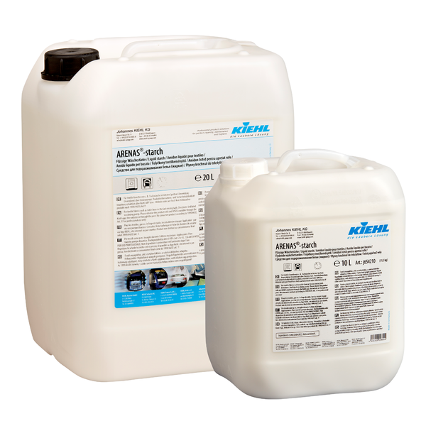 Two white plastic containers (20L & 10L) of Kiehl ARENAS-Stärke Liquid Laundry Starch from Johannes Kiehl KG with product label and black screw cap stand against a white background for perfectly ironed laundry.