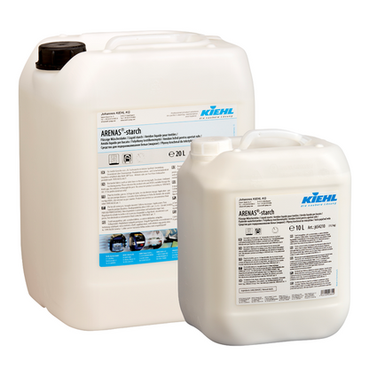 Two white plastic containers (20L & 10L) of Kiehl ARENAS-Stärke Liquid Laundry Starch from Johannes Kiehl KG with product label and black screw cap stand against a white background for perfectly ironed laundry.