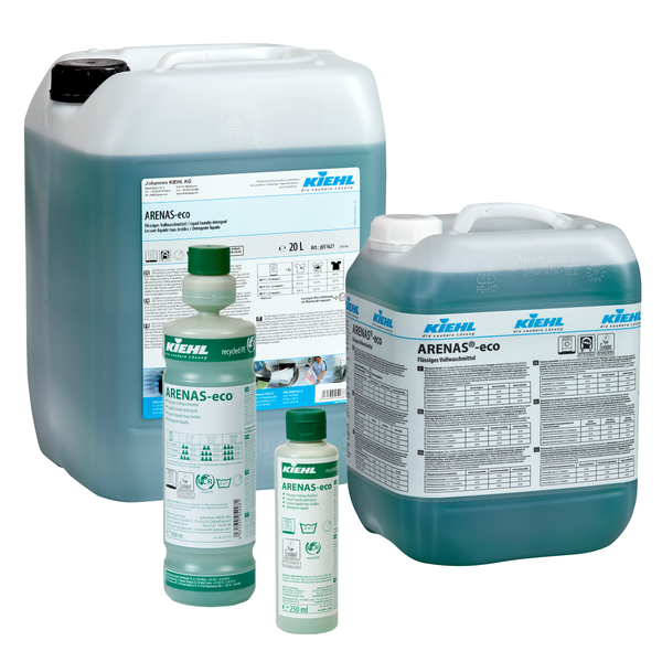 Four packages of Kiehl ARENAS-eco Liquid Detergent from Johannes Kiehl KG - two large jugs and two smaller bottles - are equipped with a labeled packaging and a blue-green eco-friendly liquid.