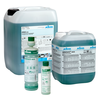 Four packages of Kiehl ARENAS-eco Liquid Detergent from Johannes Kiehl KG - two large jugs and two smaller bottles - are equipped with a labeled packaging and a blue-green eco-friendly liquid.