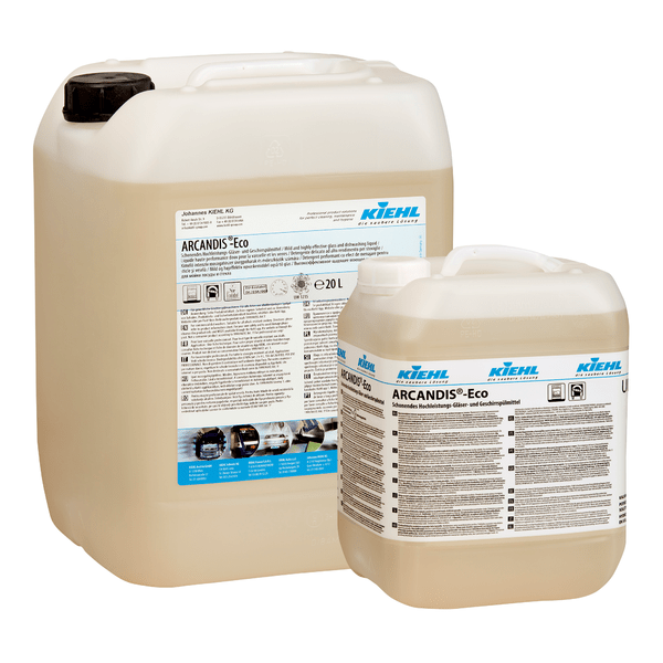 Two translucent plastic containers with a white label and black lid with the inscription "Kiehl ARCANDIS-Eco Gentle High-Performance Glass and Dishwashing Detergent" by Johannes Kiehl KG, efficient glass cleaner; available in sizes 10 and 20 liters.